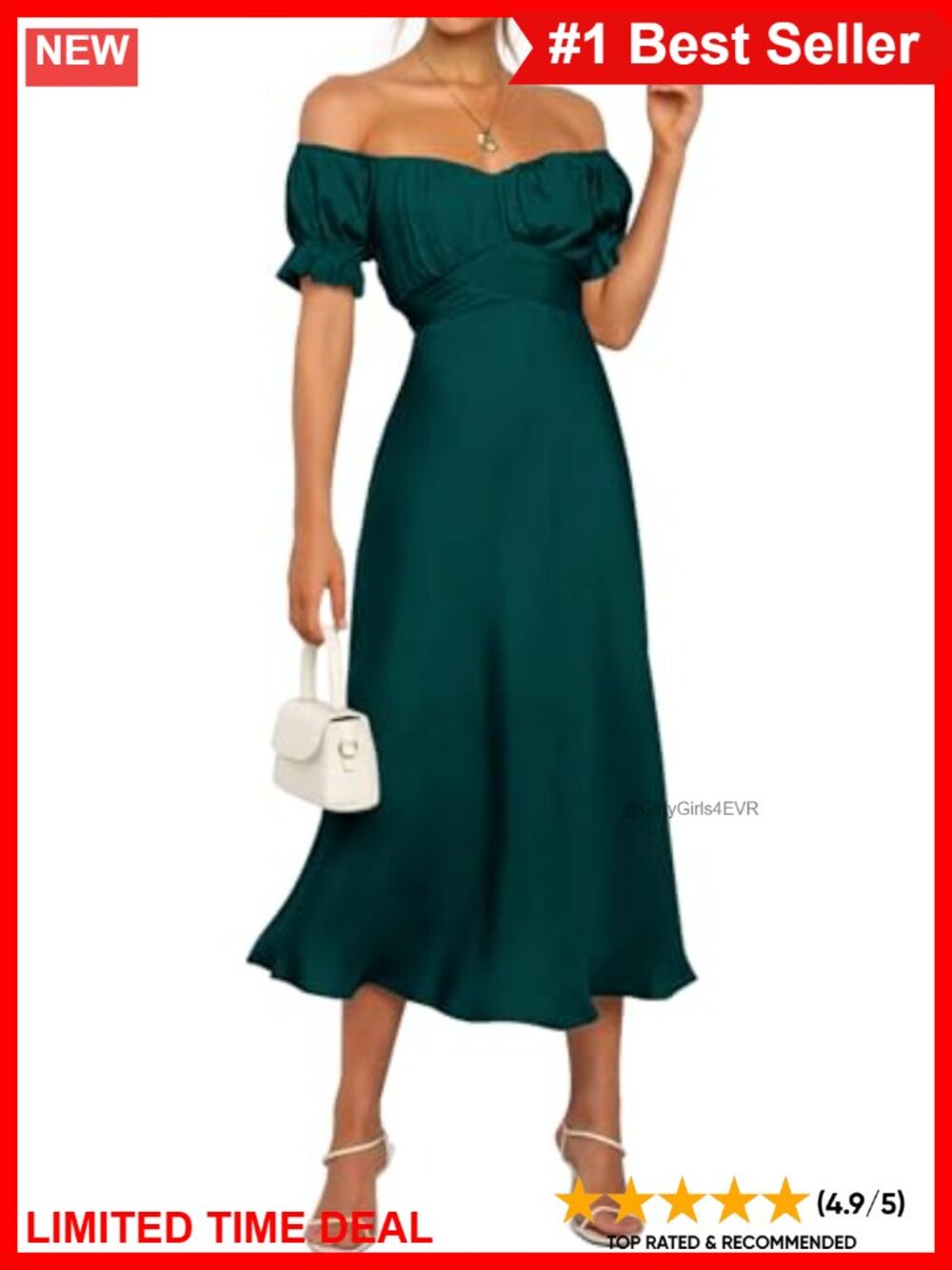 Satin Off Shoulder Midi Dress Bubble Sleeve Wedding Guest Cocktail